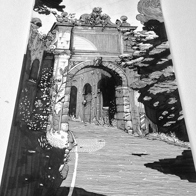Almost done with the background for this illustration... Lotsa subtractive white linework to add in those black areas now. It'll be painful but worthy. 💪✒️ #GhostsOfRome #ghosstories #Rome #folklore #Olimpia #Pamphili #Pimpaccia #aurelia #wip #pencils #illustration #architecture #arch #tiradiavoli #devils #spooky #penandink #linework #door #portaaurelia #blackandwhite #wip #workinprogress #ink #monument #illustration #artwork #architecture