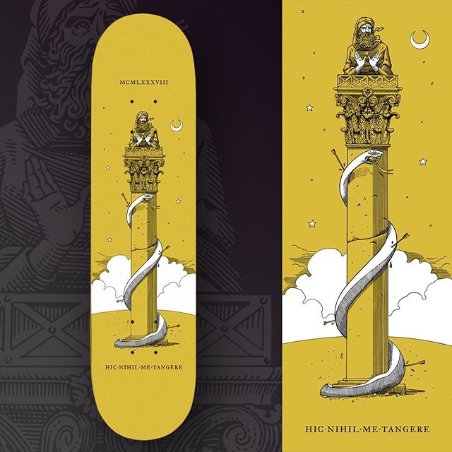 “Hic nihil me tangere”, latin for “from here nothing can hurt me”. That’s the motto on a #stylite themed skateboard deck I did years ago for an exhibition in Milan.
-
Stylites, or “pillar saints”, were among the early christiantity saints, chosing to self-isolate themselves on the top of ruined pillars, mostly in the actual syrian/turkish deserts, to prevent themselves from the evils of the world and live in constant meditation.
-
My country is fighting a hard fight, self isolating itself to defeat a #coronavirus mass pandemic. Let’s do this together, let’s stay focused and positive. Stay safe, stay strong, use this isolation time to do something meaningful and find some peace. 💪🏻🇮🇹